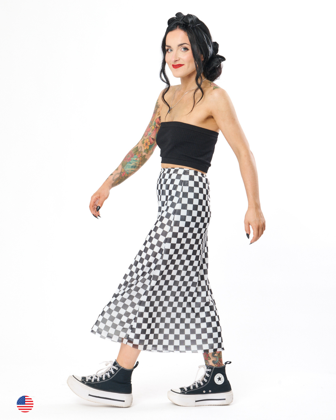 CHECKERBOARD MESH MIDI SKIRT IN BLACK + WHITE