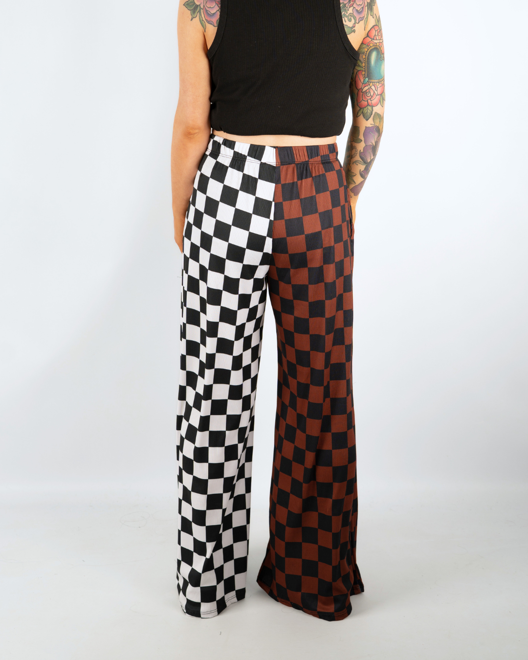 SPLIT DECISION CHECKERBOARD PANTS IN BLACK + BROWN