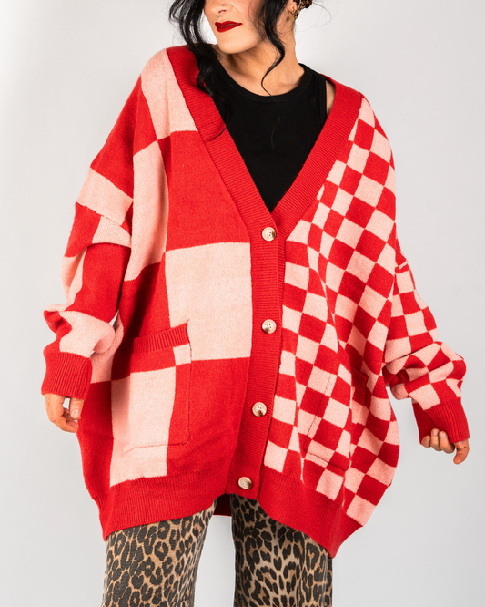 BOARDWALK OVERSIZED CHECKERBOARD CARDIGAN IN RED + PINK