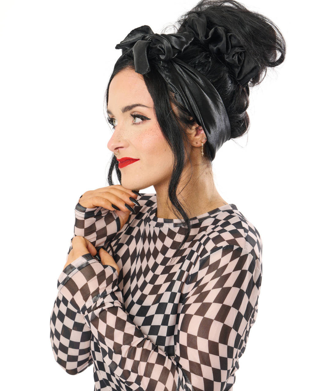 CHECKERBOARD MESH MIDI DRESS