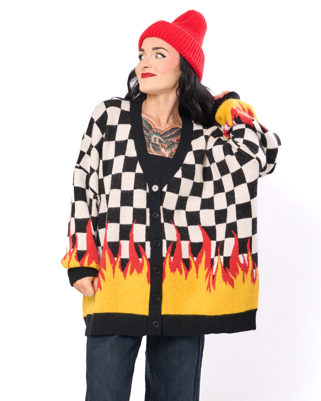 MY EMO FLAME OVERSIZED CHECKERBOARD CARDIGAN
