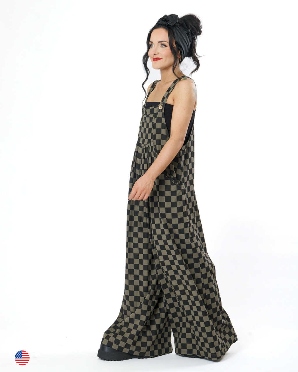 CHECKERBOARD WIDE LEG DENIM OVERALLS IN CHARCOAL