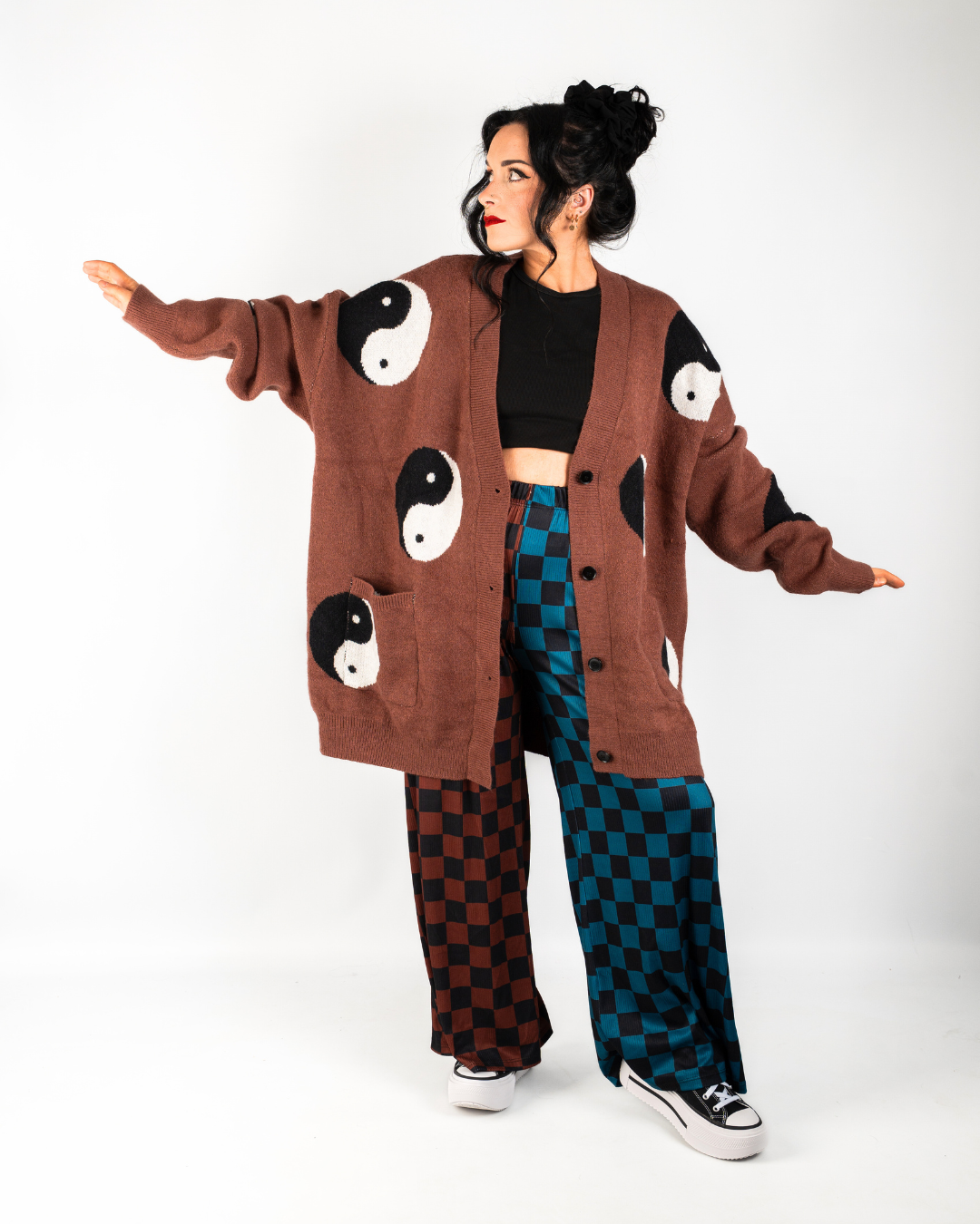 SPLIT DECISIONS CHECKERBOARD PANTS IN TEAL + BROWN