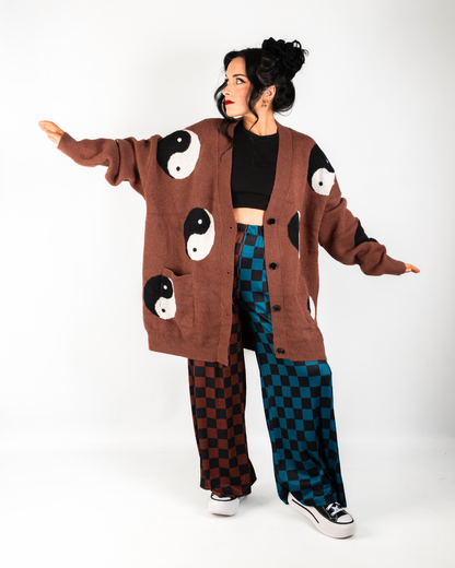 SPLIT DECISIONS CHECKERBOARD PANTS IN TEAL + BROWN