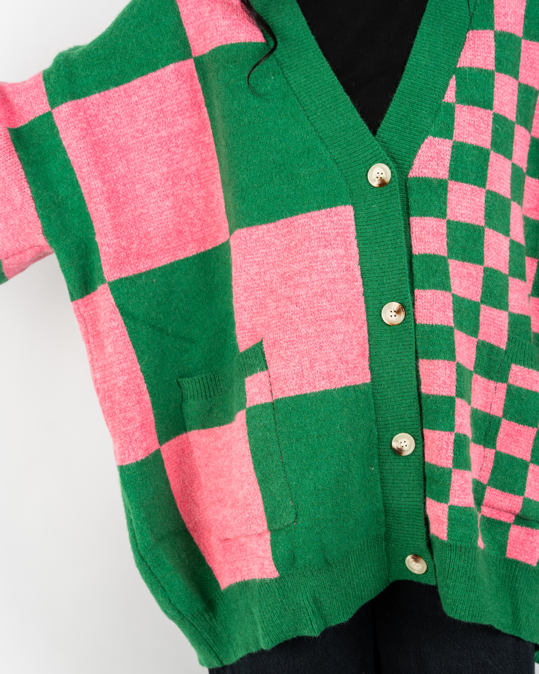 BOARDWALK OVERSIZED CHECKERBOARD CARDIGAN IN PINK + GREEN