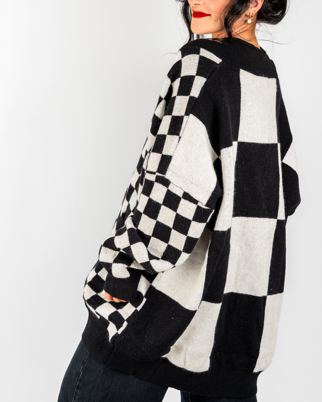 BOARDWALK OVERSIZED CHECKERBOARD CARDIGAN IN BLACK + WHITE