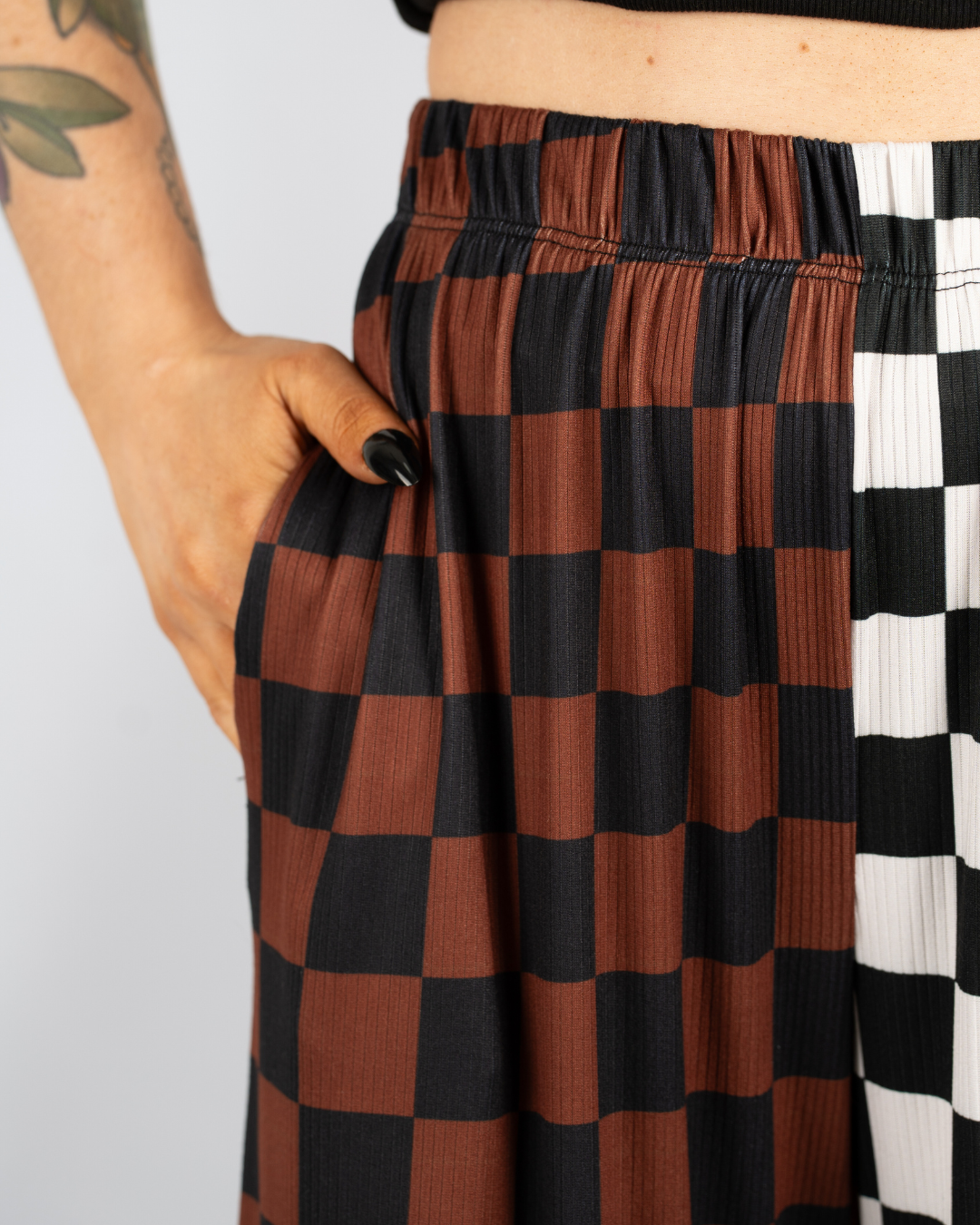SPLIT DECISION CHECKERBOARD PANTS IN BLACK + BROWN