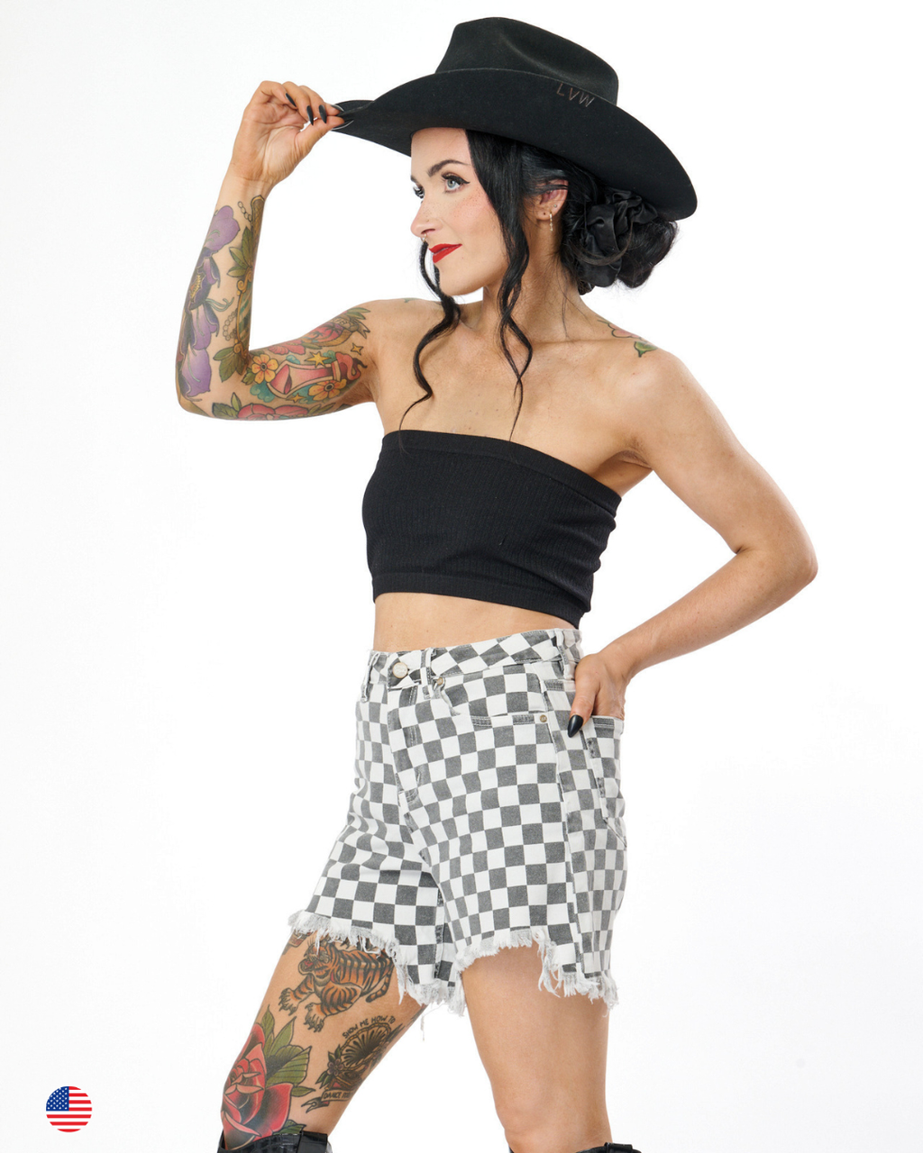 DISTRESSED CHECKERBOARD DENIM SHORTS