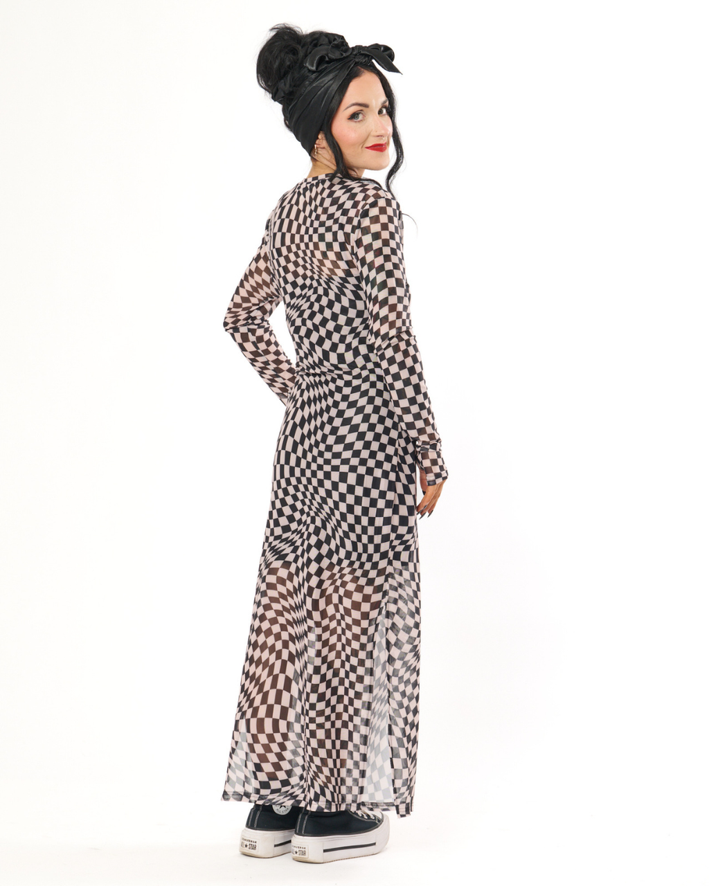 CHECKERBOARD MESH MIDI DRESS