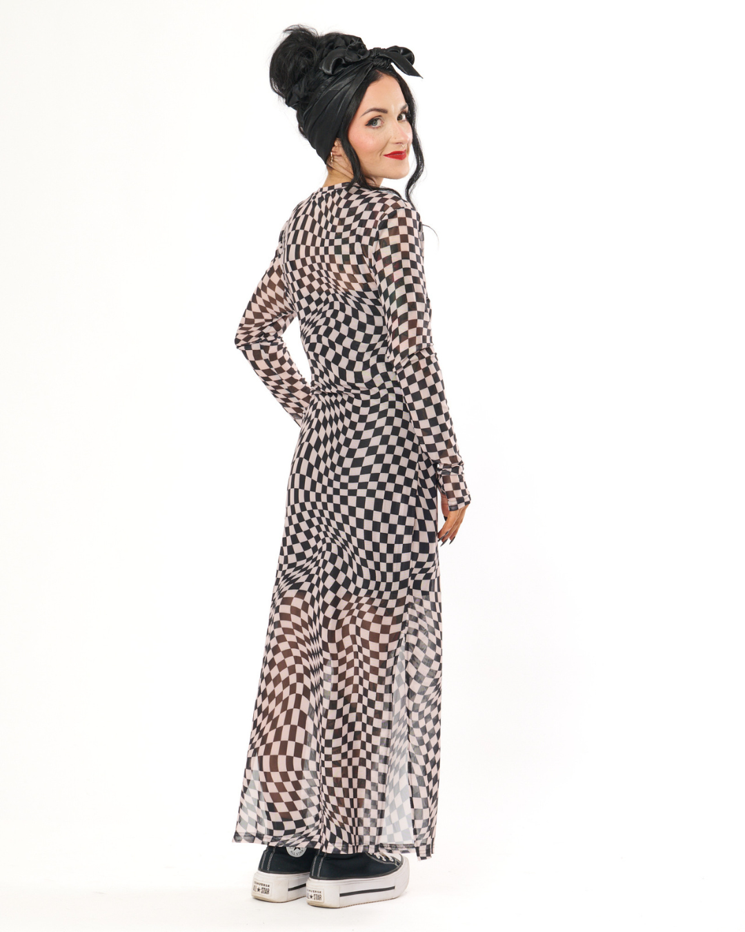 CHECKERBOARD MESH MIDI DRESS