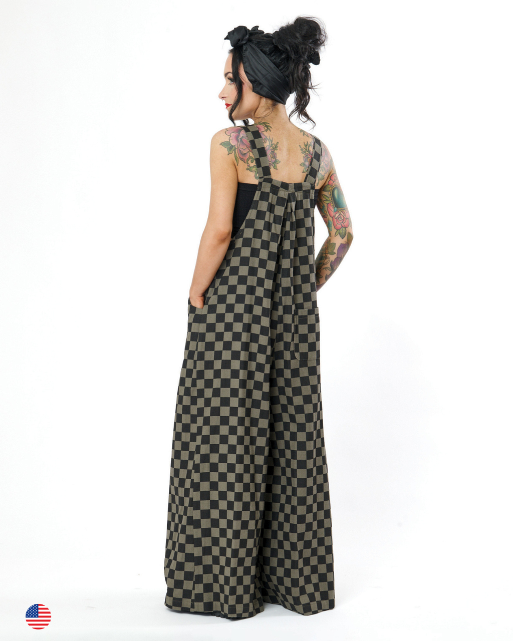 CHECKERBOARD WIDE LEG DENIM OVERALLS IN CHARCOAL