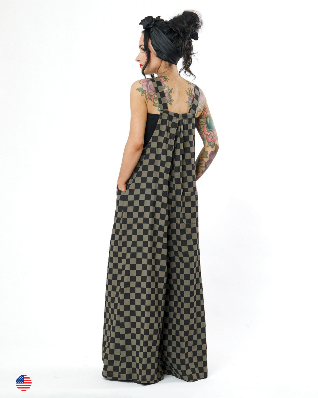 CHECKERBOARD WIDE LEG DENIM OVERALLS IN CHARCOAL