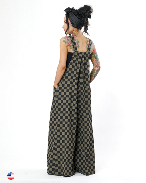 CHECKERBOARD WIDE LEG DENIM OVERALLS IN CHARCOAL