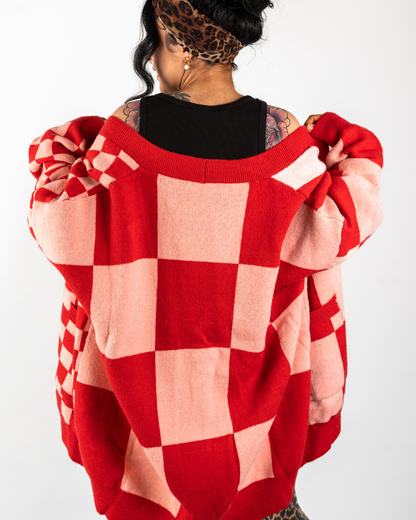 BOARDWALK OVERSIZED CHECKERBOARD CARDIGAN IN RED + PINK