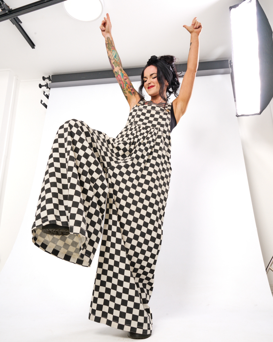 CHECKERBOARD WIDE LEG DENIM OVERALLS IN BLACK + WHITE