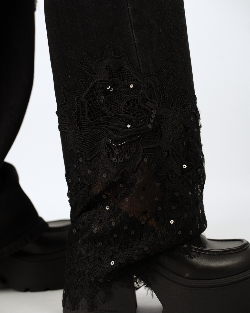 DIRTY DARLING LACE PATCHWORK JEANS IN BLACK