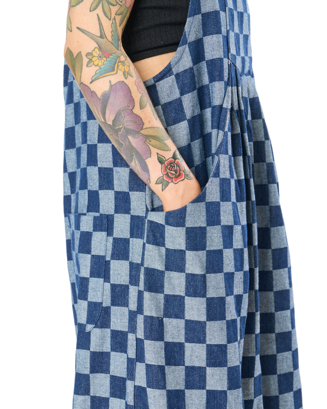 CHECKERBOARD WIDE LEG DENIM OVERALLS IN BLUE