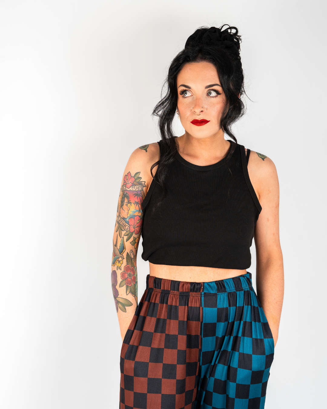 SPLIT DECISIONS CHECKERBOARD PANTS IN TEAL + BROWN