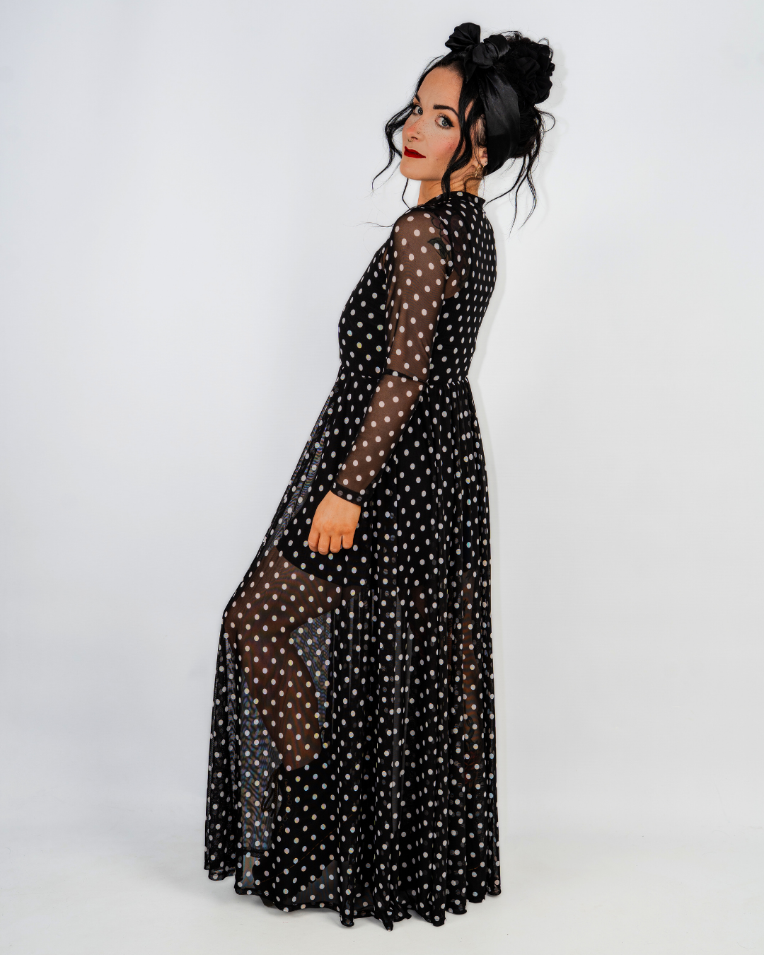 DARK DOTTED MESH MAXI DRESS IN BLACK