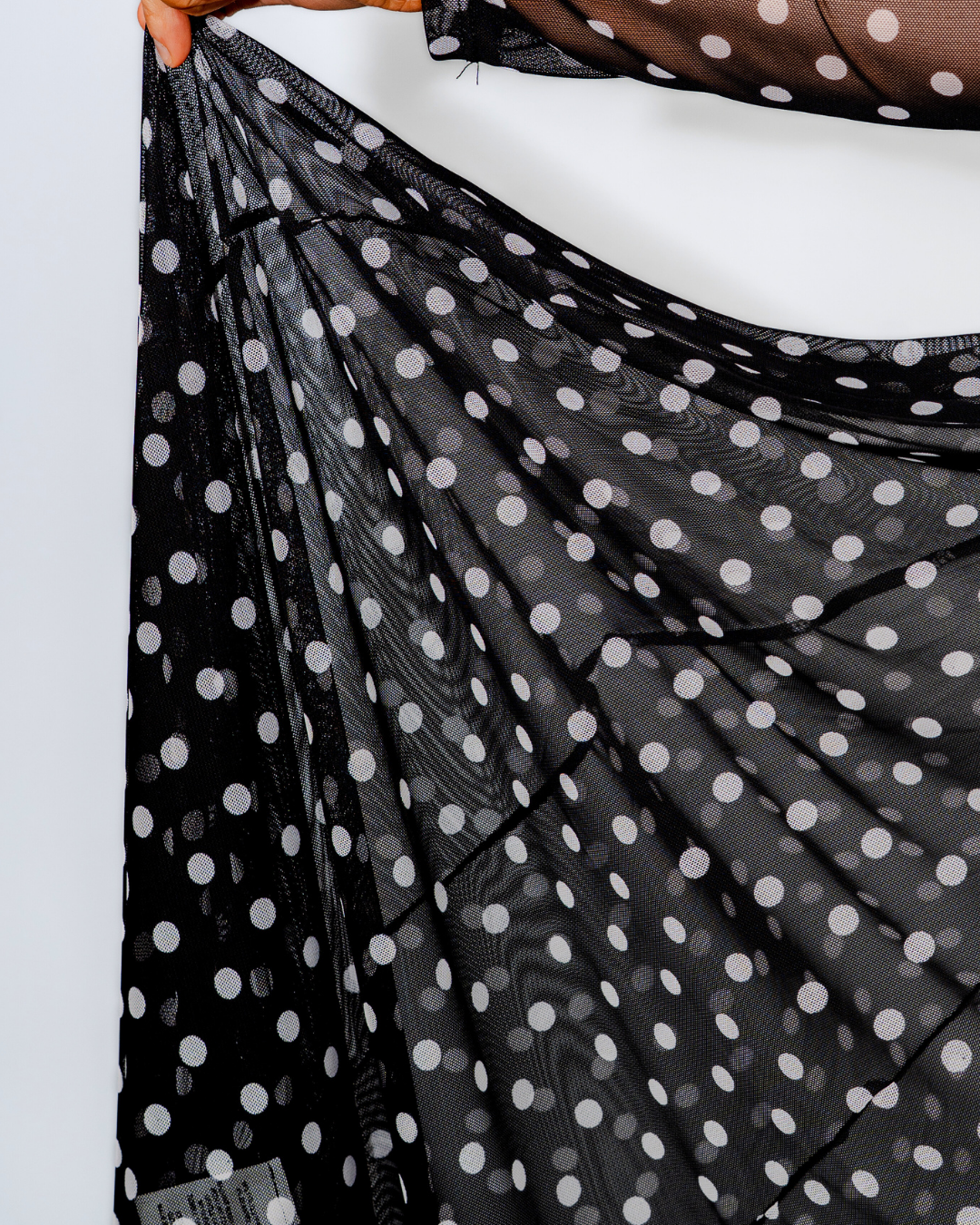 DARK DOTTED MESH MAXI DRESS IN BLACK