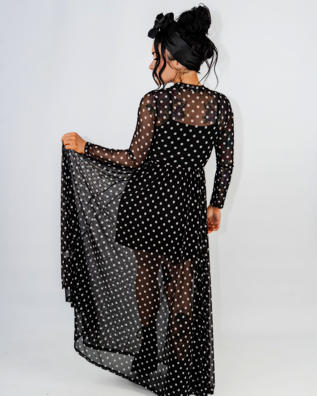 DARK DOTTED MESH MAXI DRESS IN BLACK