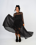 DARK DOTTED MESH MAXI DRESS IN BLACK