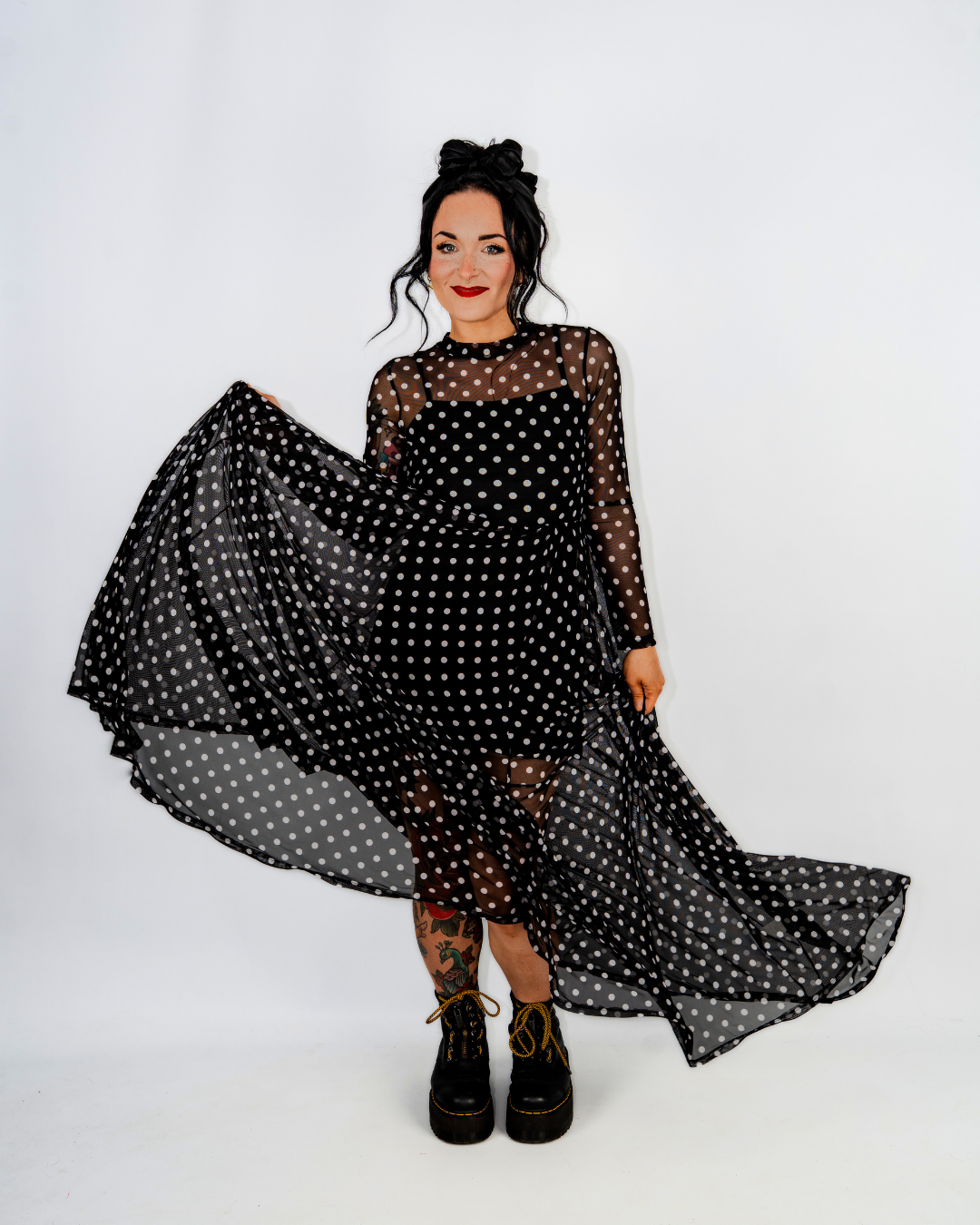 DARK DOTTED MESH MAXI DRESS IN BLACK