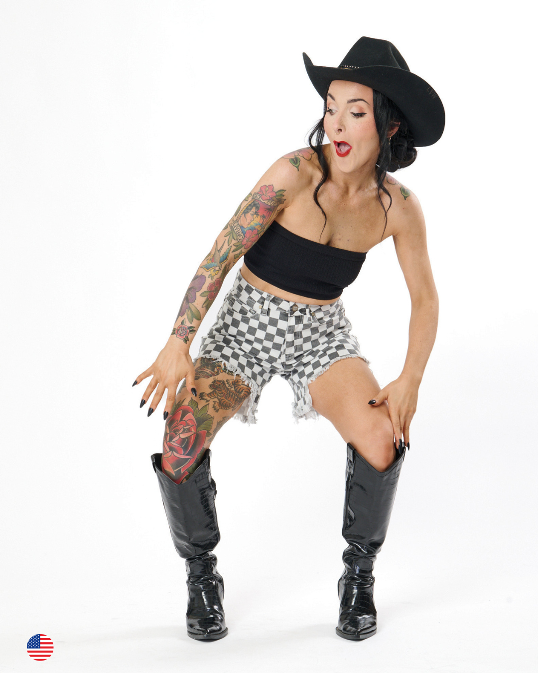 DISTRESSED CHECKERBOARD DENIM SHORTS