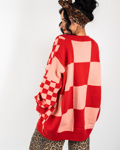 BOARDWALK OVERSIZED CHECKERBOARD CARDIGAN IN RED + PINK