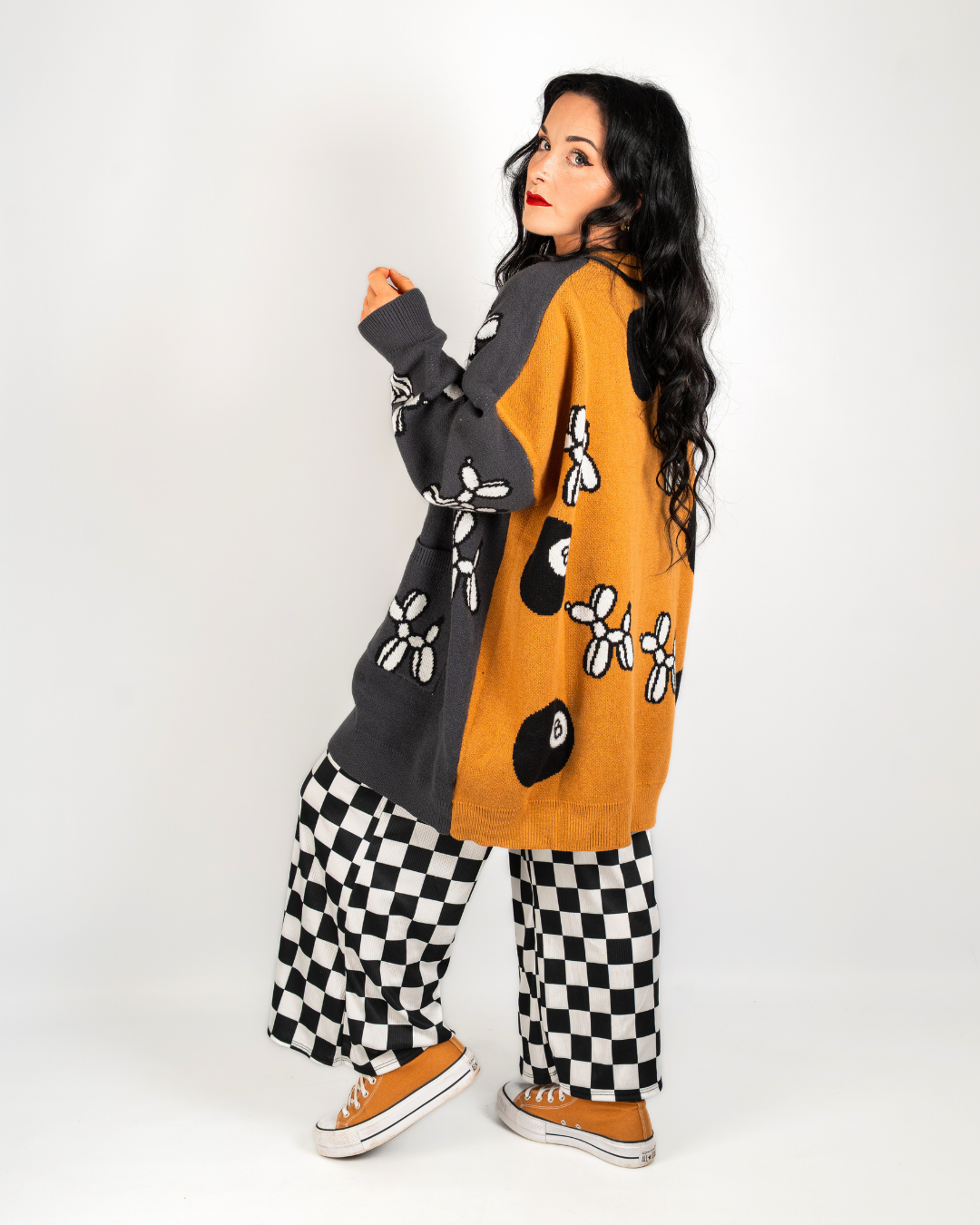 8 BALL CHAOS EXTREME OVERSIZED CARDIGAN IN MUSTARD + CHAROCAL