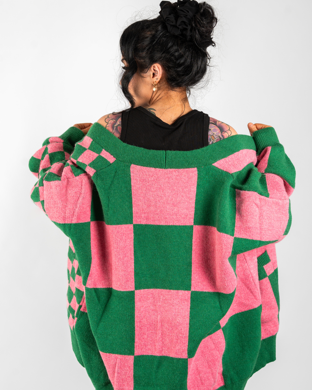 BOARDWALK OVERSIZED CHECKERBOARD CARDIGAN IN PINK + GREEN