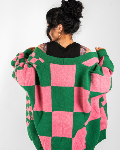 BOARDWALK OVERSIZED CHECKERBOARD CARDIGAN IN PINK + GREEN