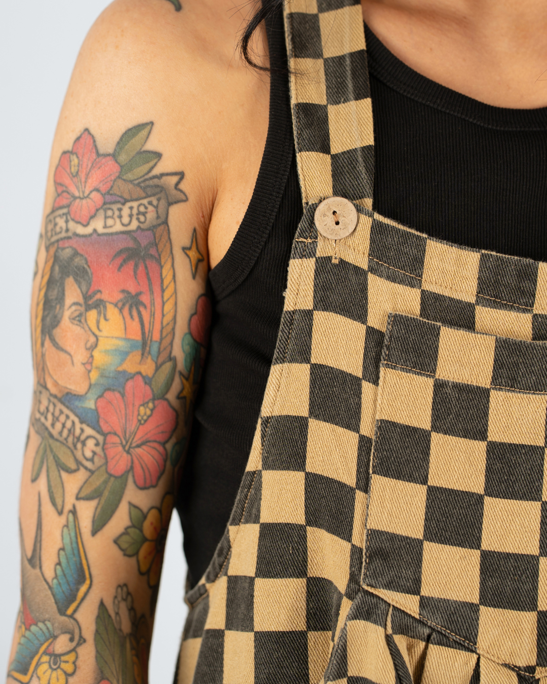 CHECKERBOARD WIDE LEG DENIM OVERALLS IN BLACK MOCHA
