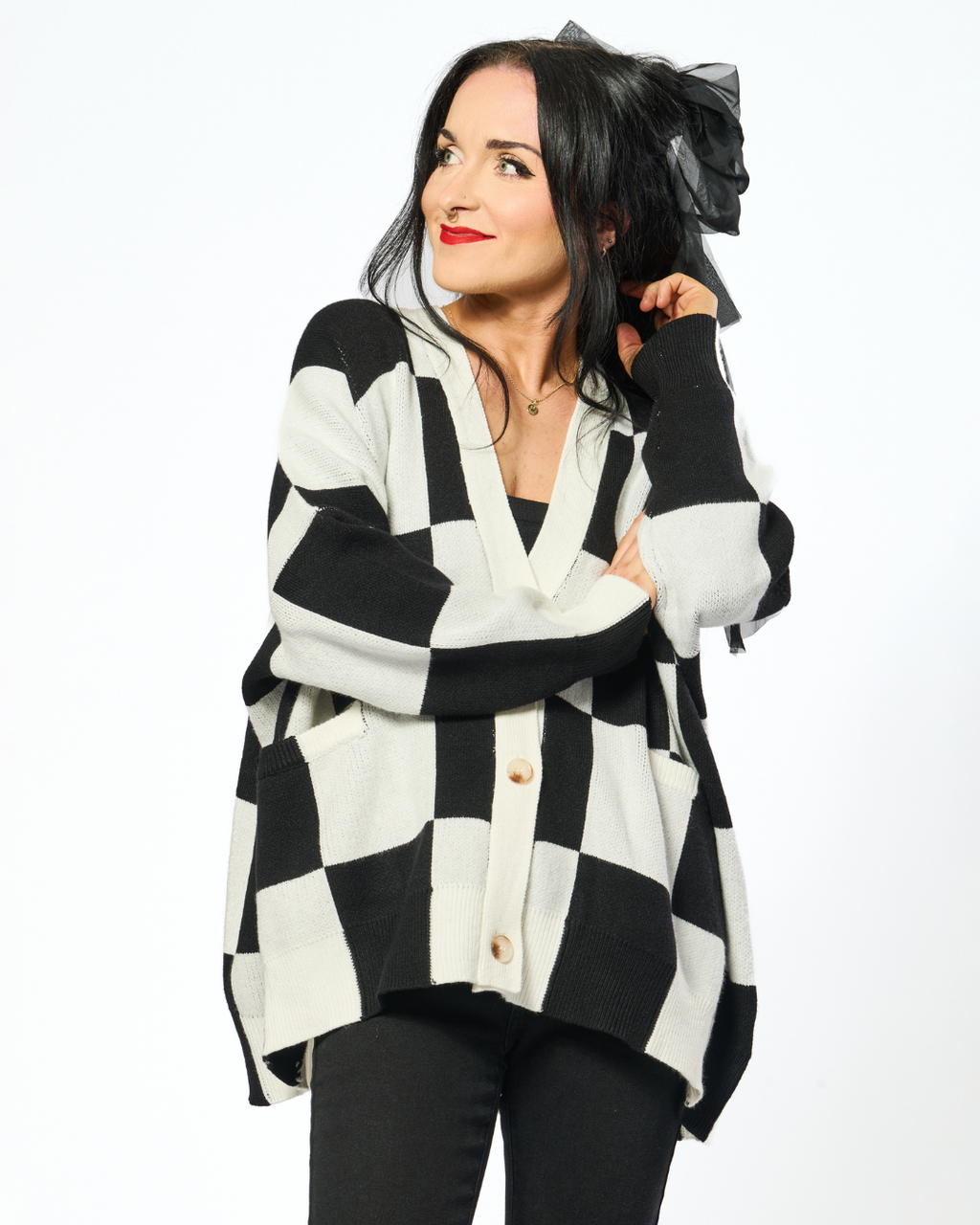 OVERSIZED CHECKERBOARD CARDIGAN IN BLACK + WHITE