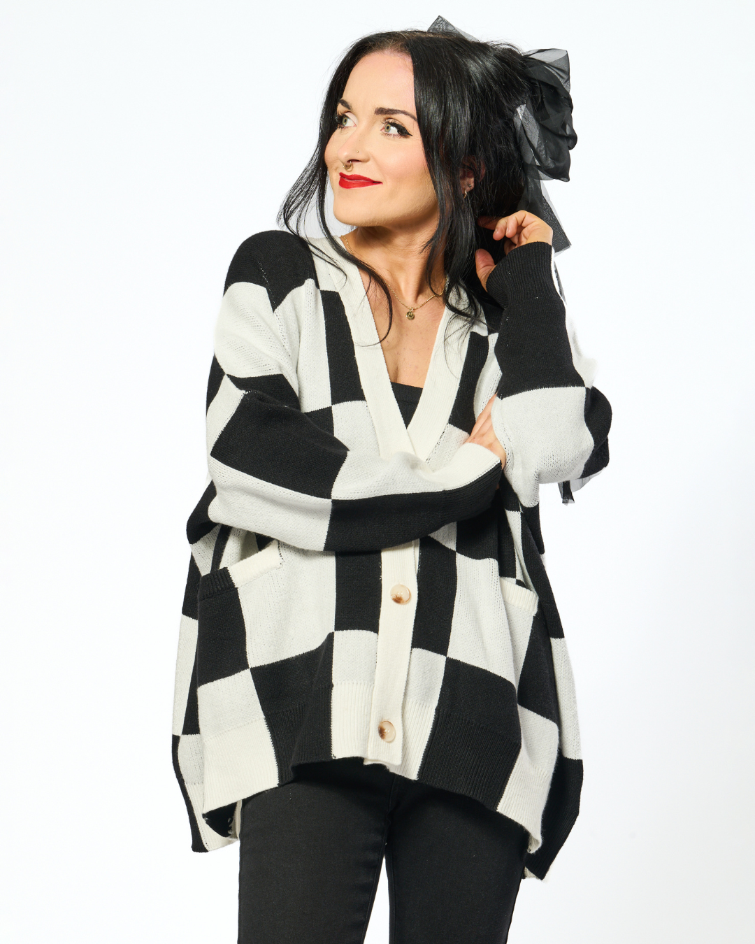 OVERSIZED CHECKERBOARD CARDIGAN IN BLACK + WHITE