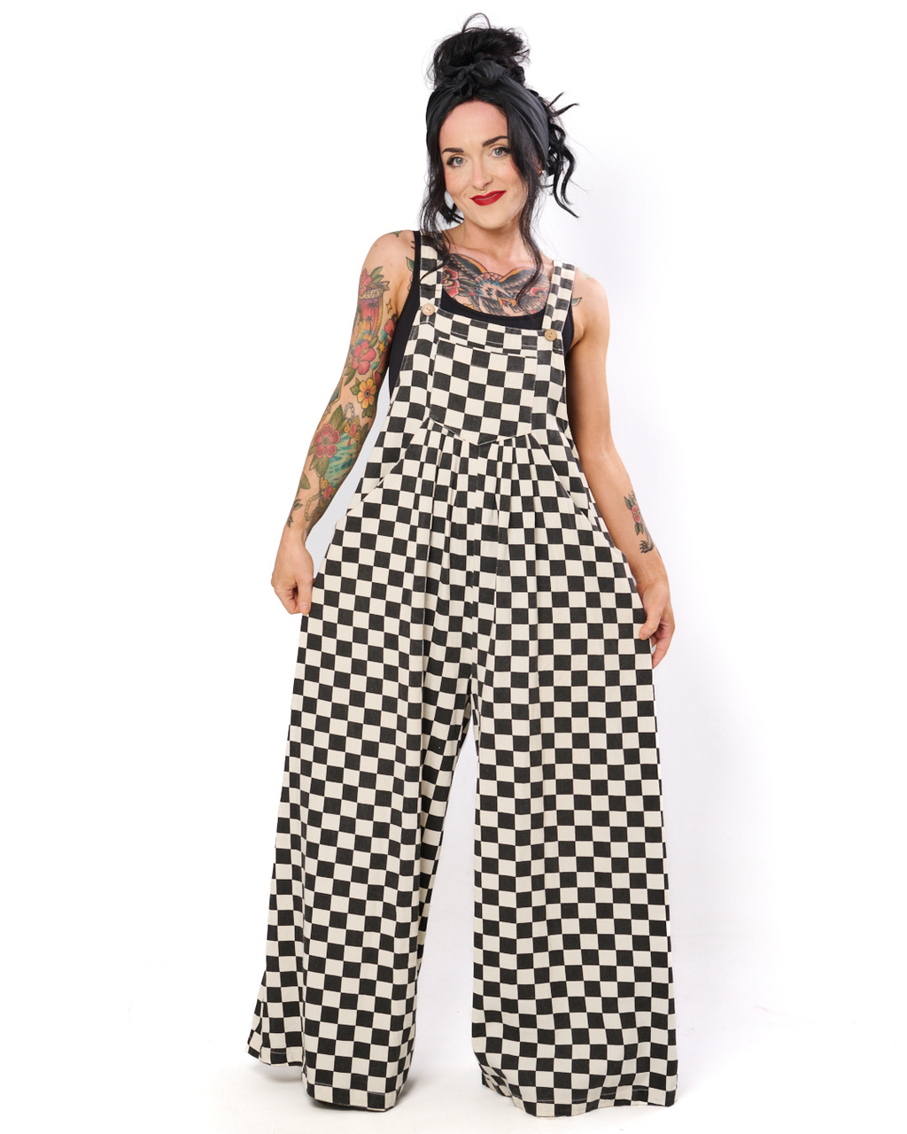 CHECKERBOARD WIDE LEG DENIM OVERALLS IN BLACK + WHITE