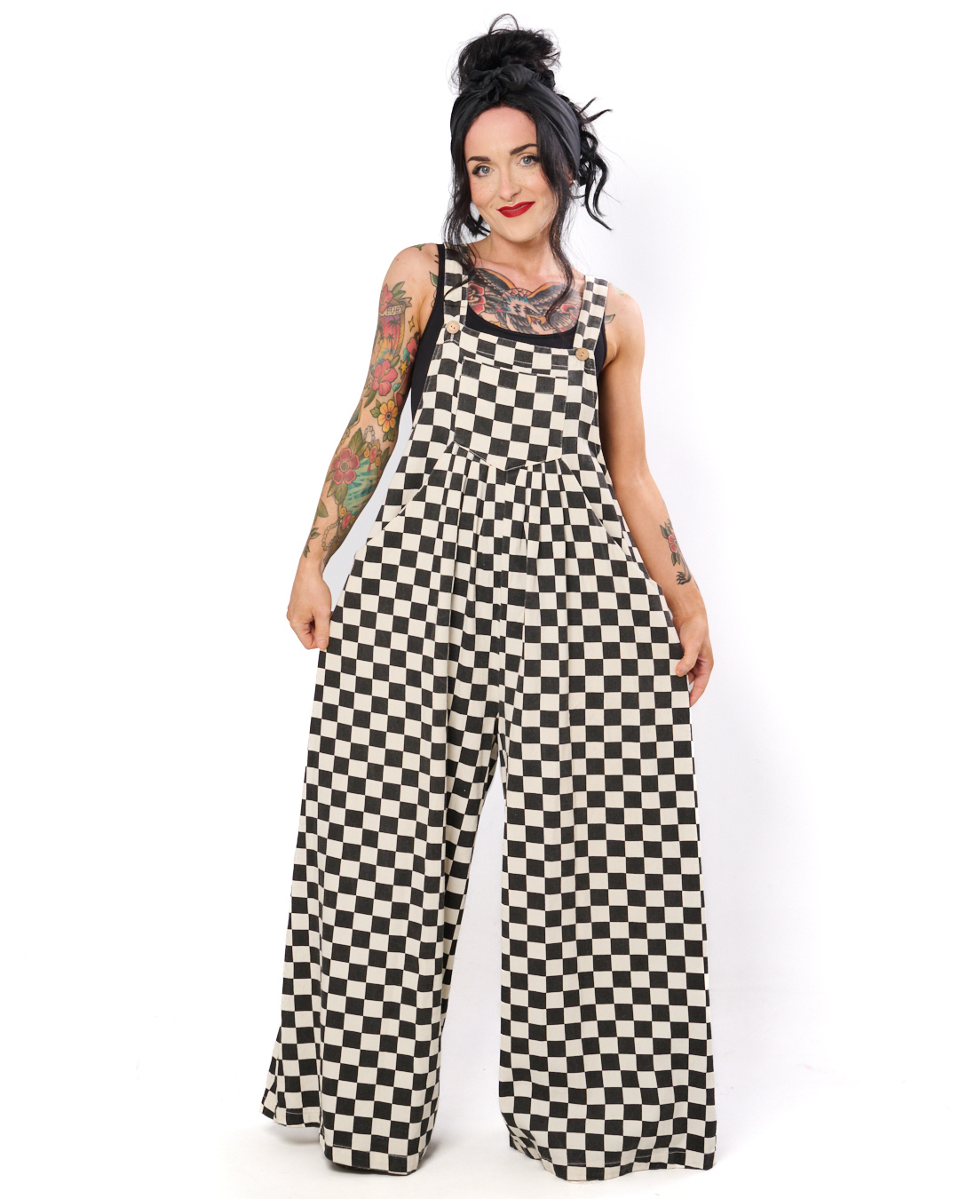 CHECKERBOARD WIDE LEG DENIM OVERALLS IN BLACK + WHITE