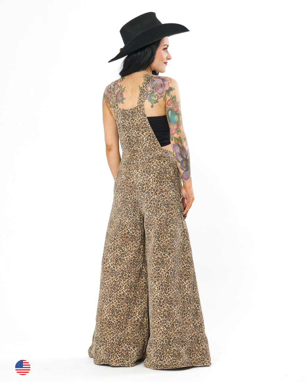 LEOPARD WIDE LEG DENIM OVERALLS