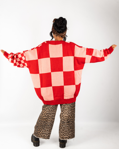 BOARDWALK OVERSIZED CHECKERBOARD CARDIGAN IN RED + PINK