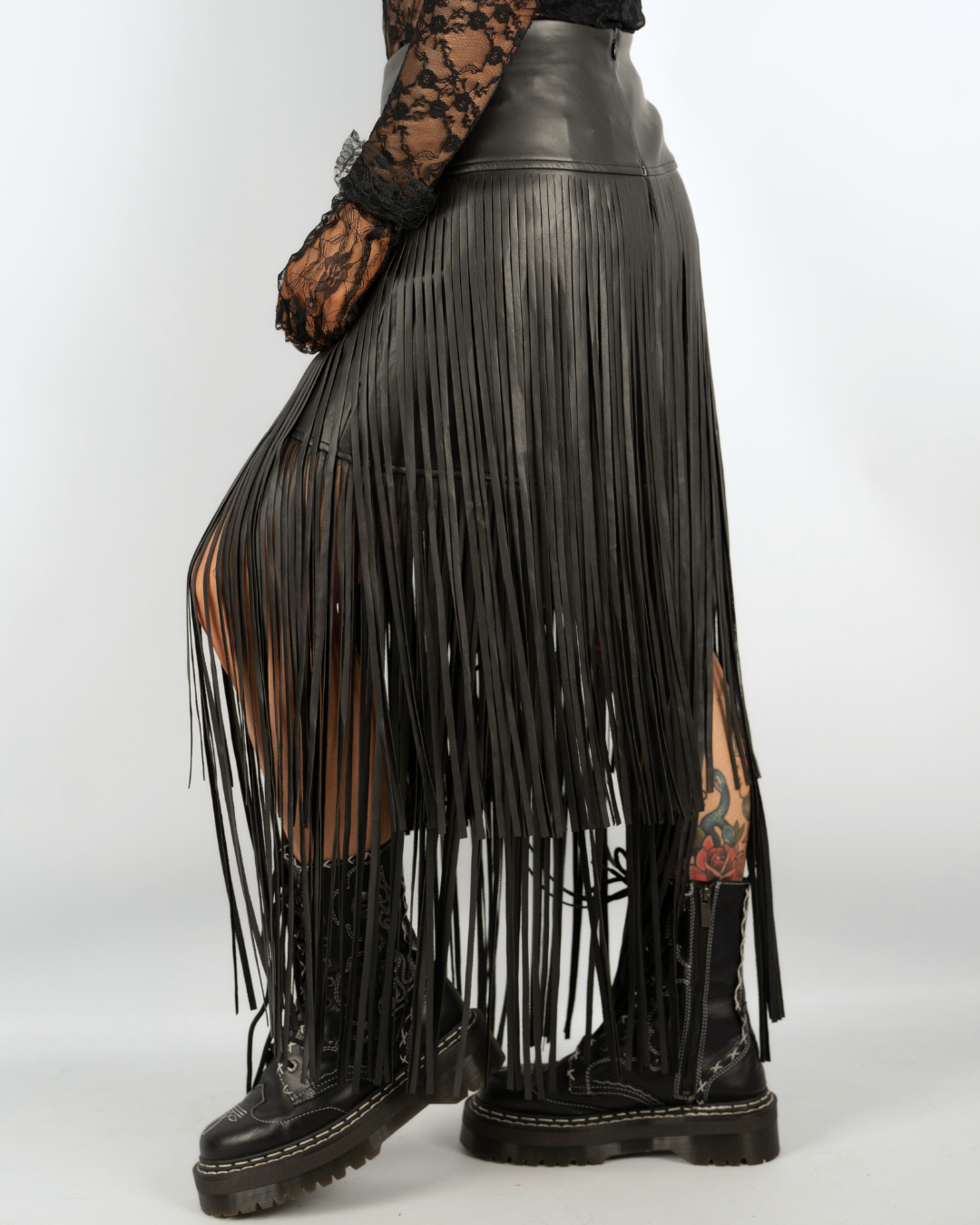 EXTREME WHIPLASH FRINGED FAUX LEATHER SKIRT