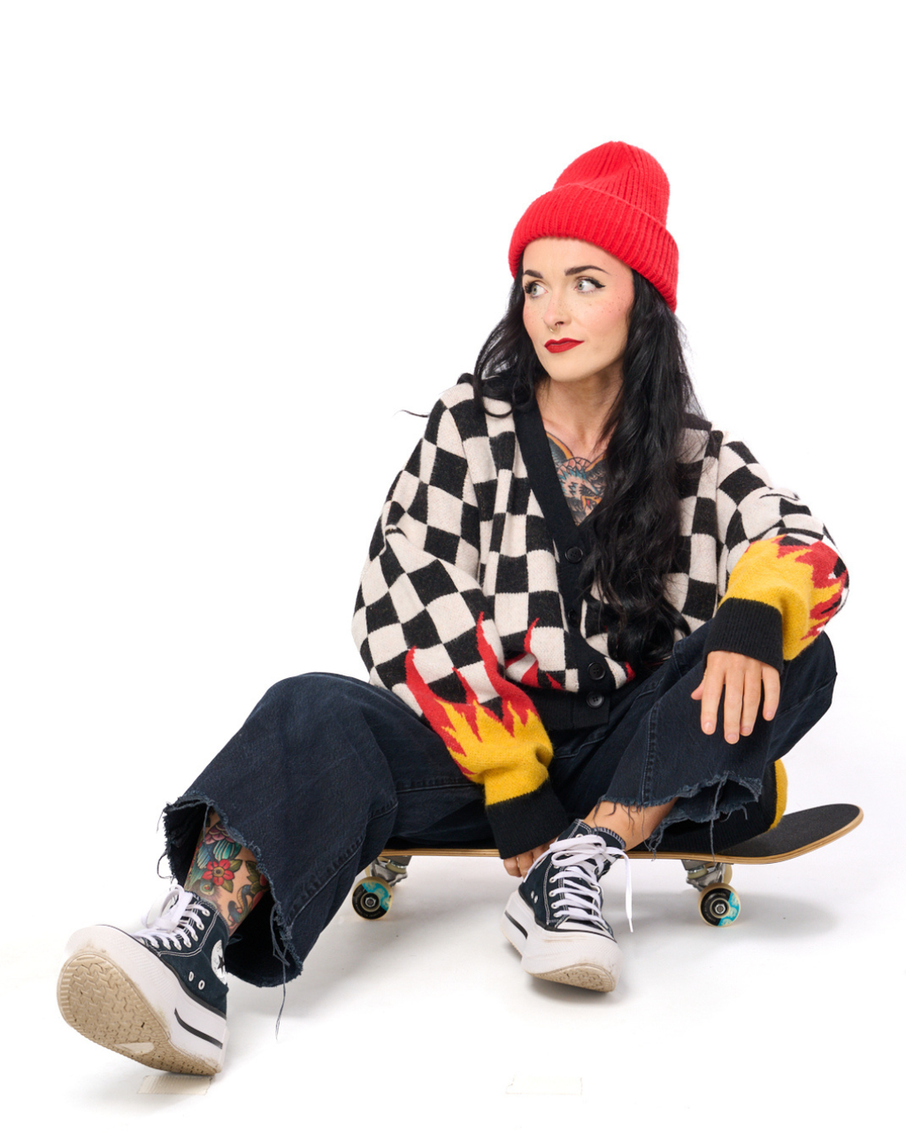 MY EMO FLAME OVERSIZED CHECKERBOARD CARDIGAN