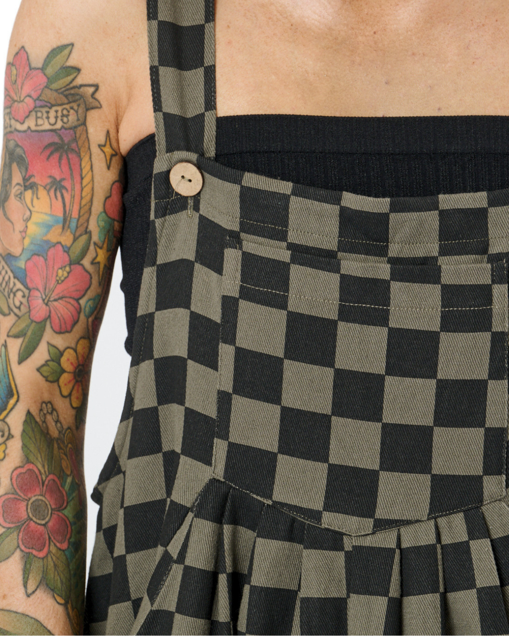 CHECKERBOARD WIDE LEG DENIM OVERALLS IN CHARCOAL