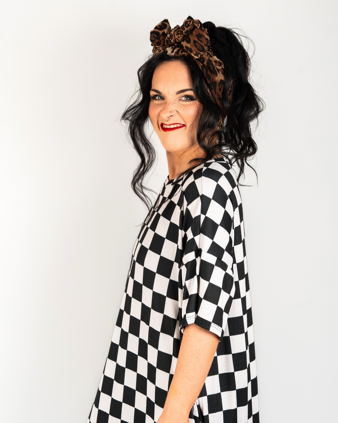 GRIDLOCKED RIBBED OVERSIZED DRESS IN BLACK + WHITE