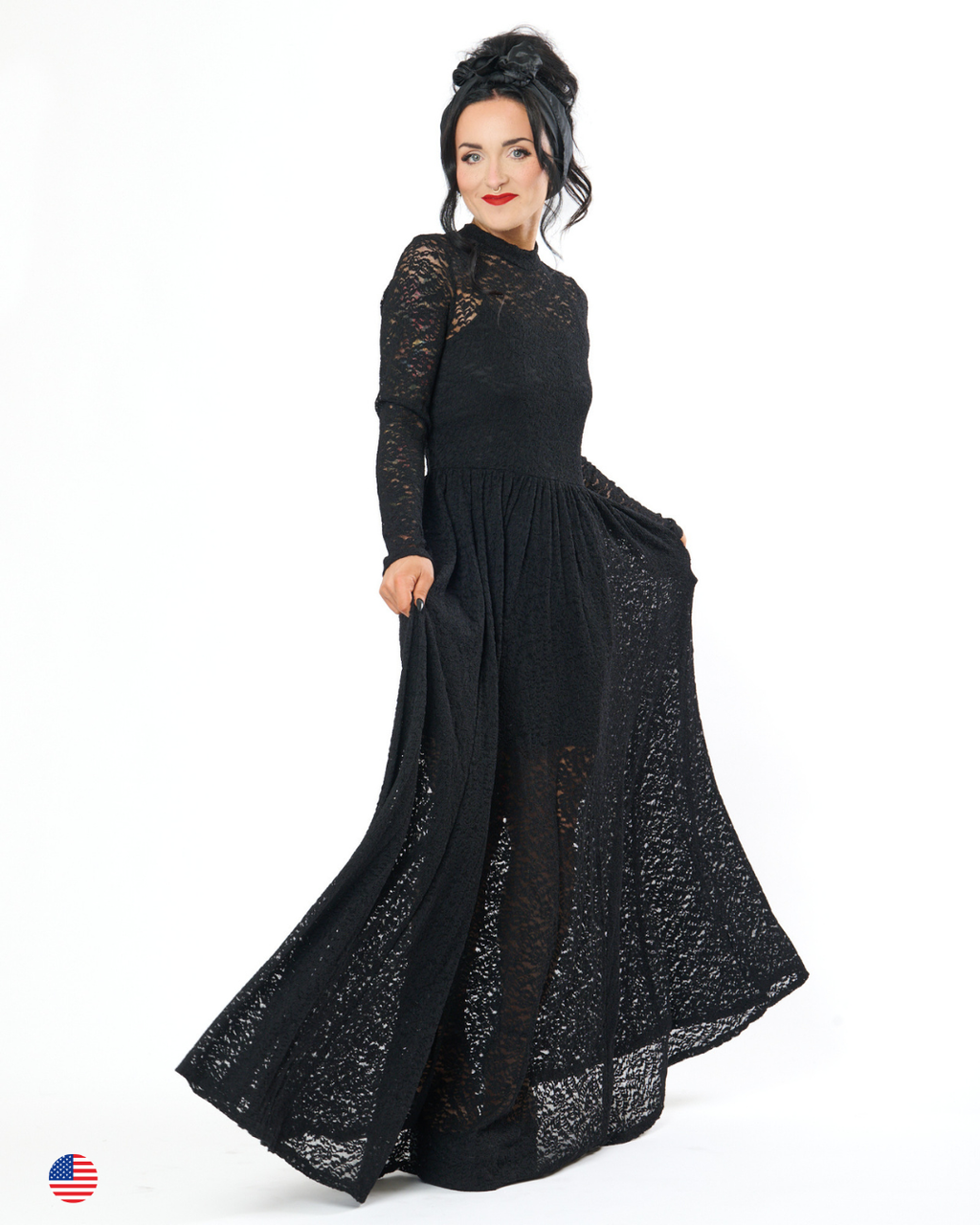 MIDNIGHT LACE MESH MAXI DRESS IN BLACK