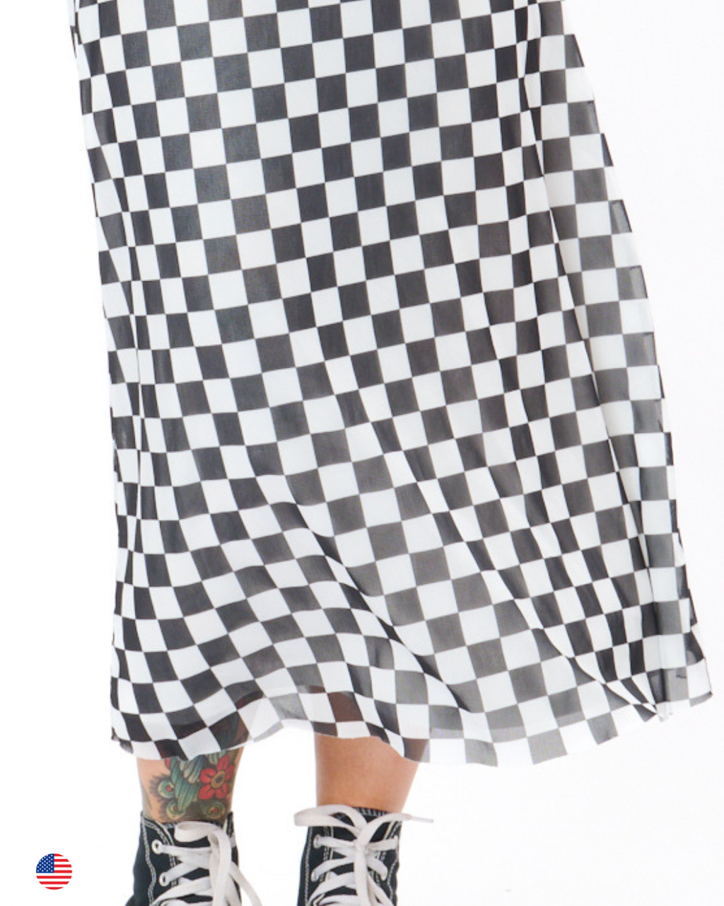 CHECKERBOARD MESH MIDI SKIRT IN BLACK + WHITE