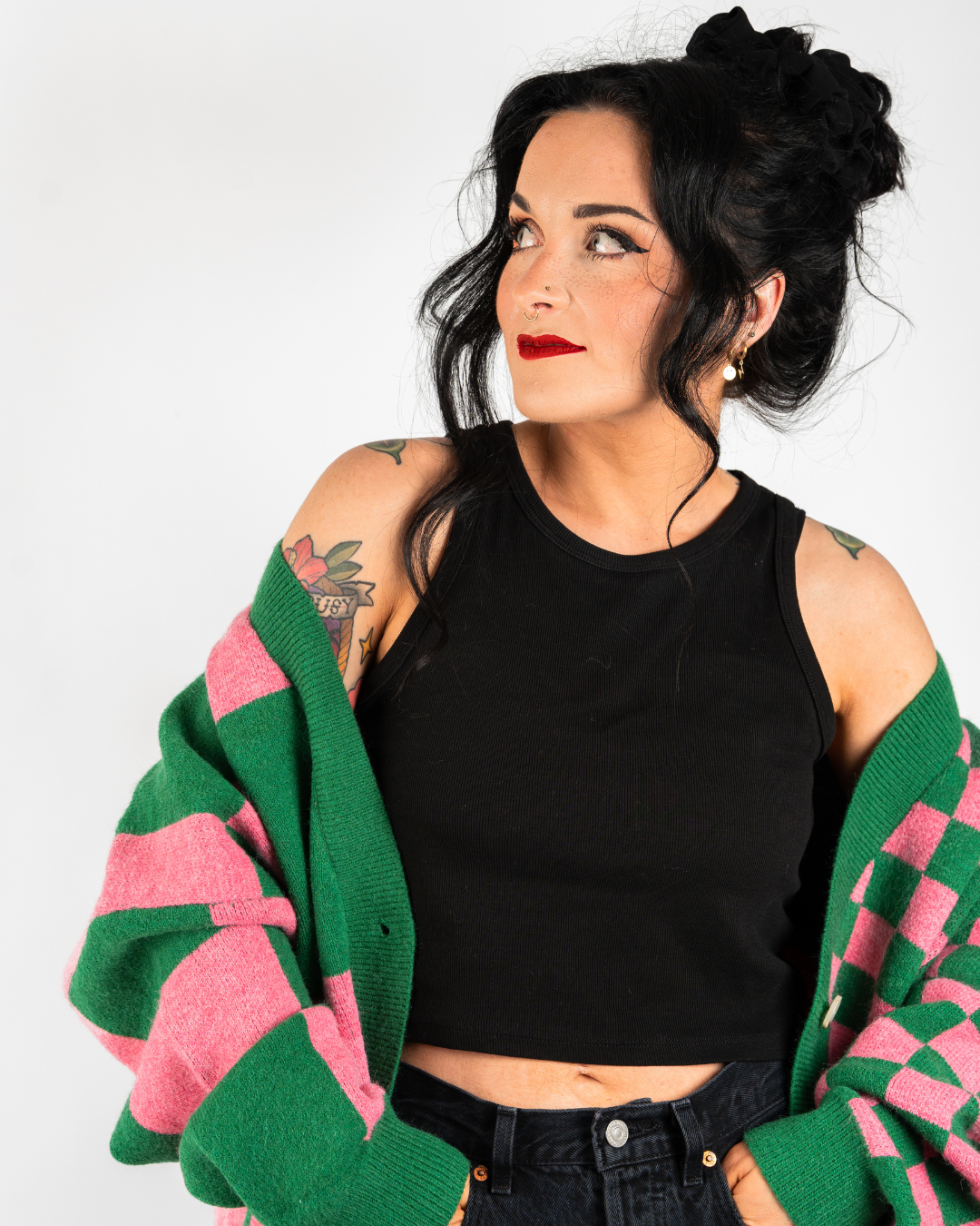 BOARDWALK OVERSIZED CHECKERBOARD CARDIGAN IN PINK + GREEN