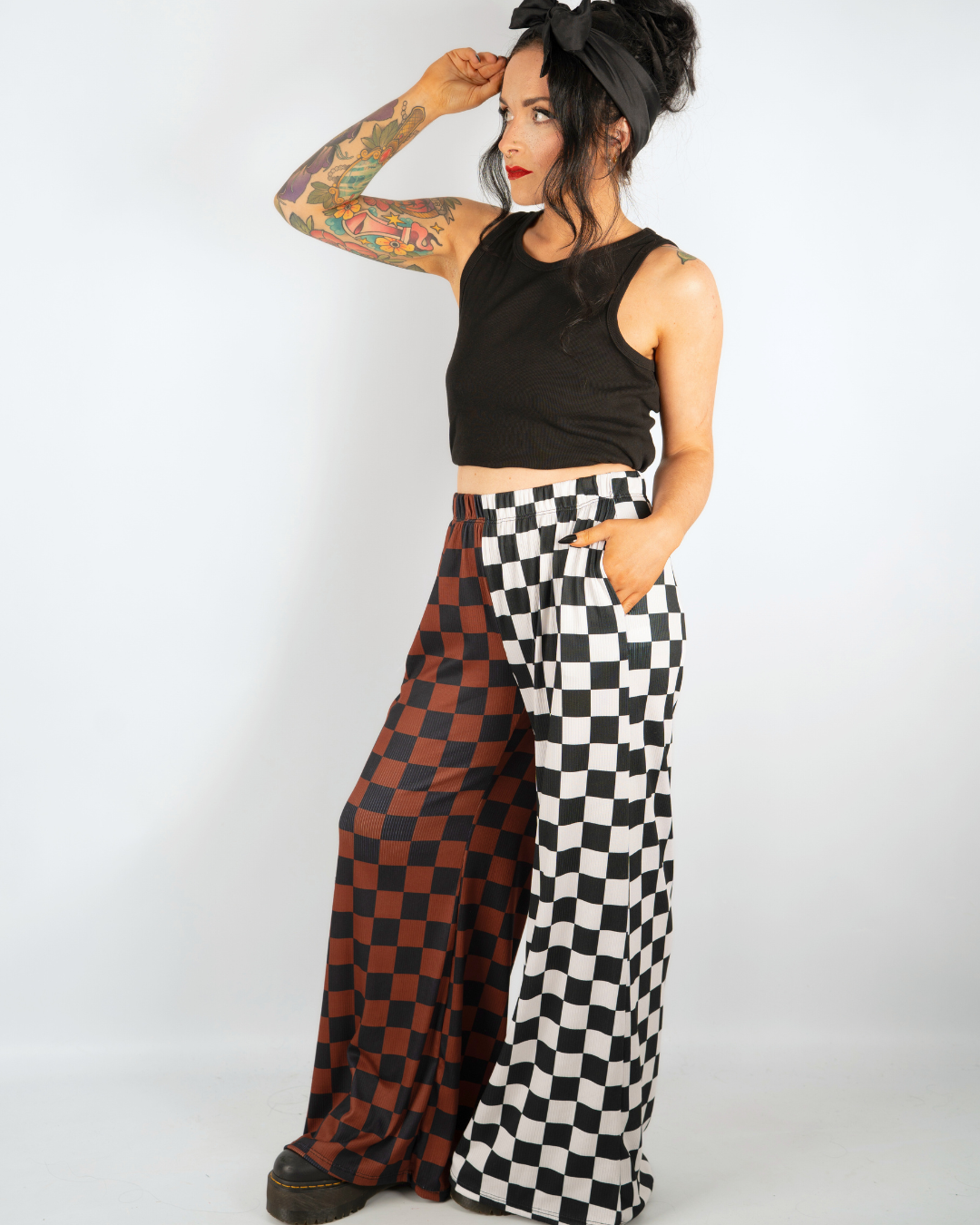 SPLIT DECISION CHECKERBOARD PANTS IN BLACK + BROWN