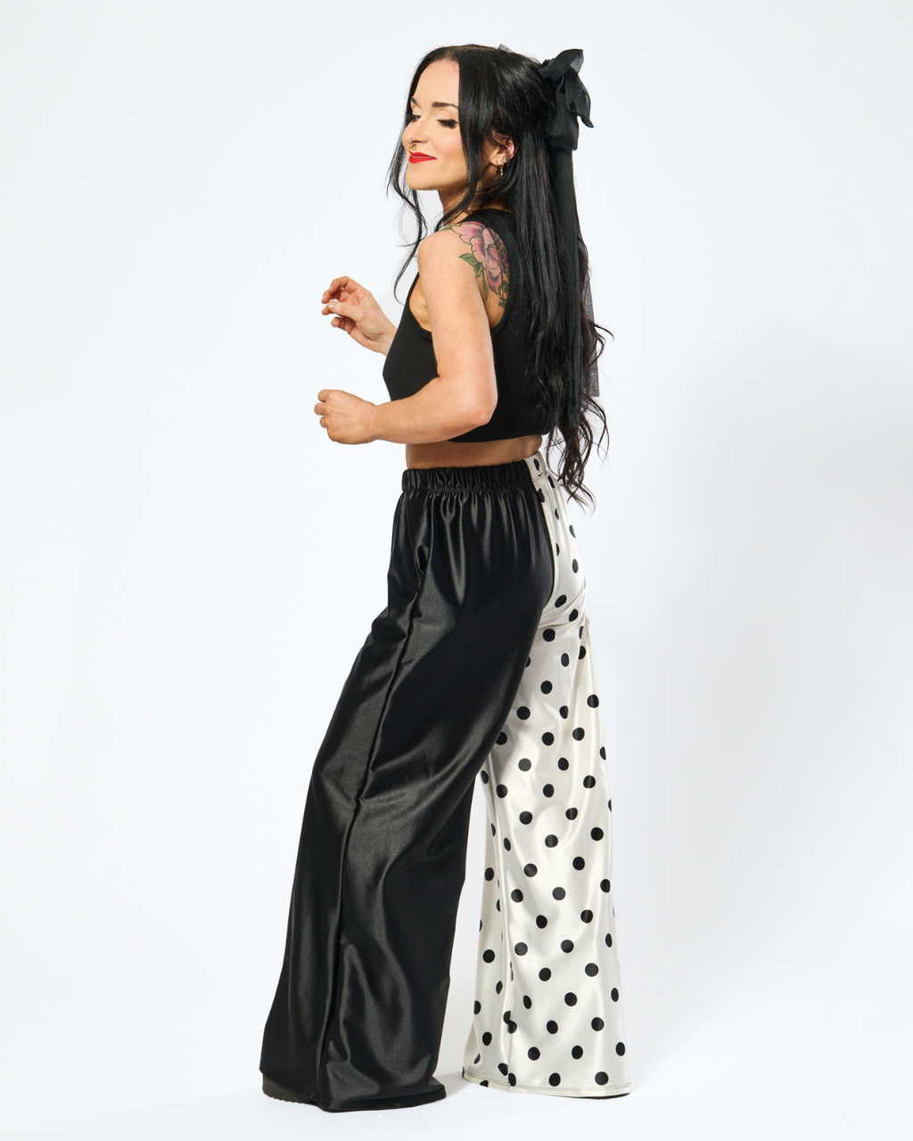 SPLIT DECISION POLKA DOT PANTS IN BLACK + WHITE