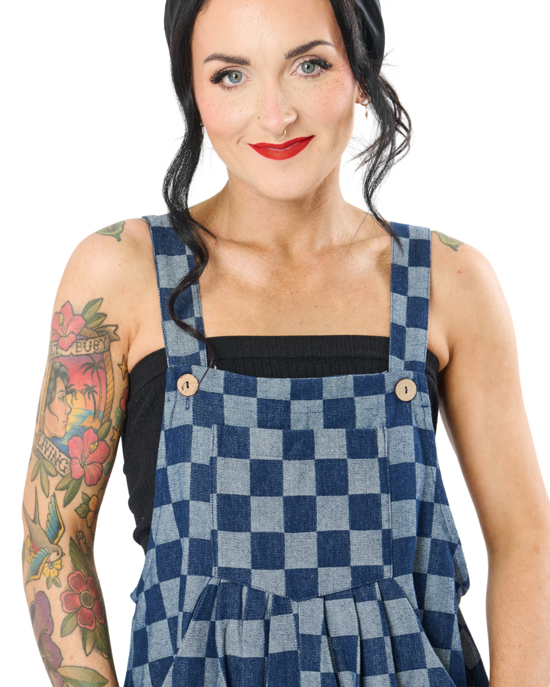 CHECKERBOARD WIDE LEG DENIM OVERALLS IN BLUE
