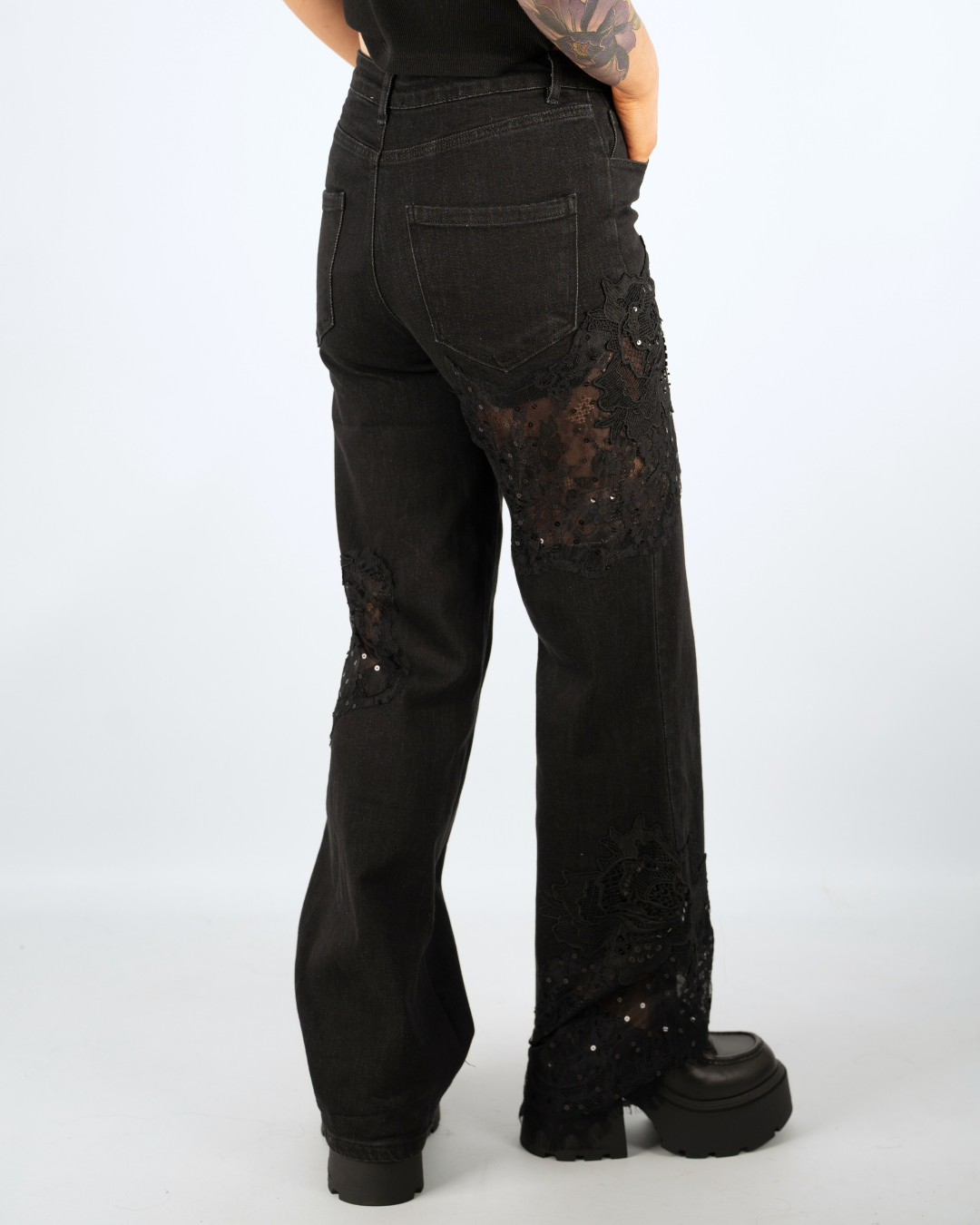 DIRTY DARLING LACE PATCHWORK JEANS IN BLACK